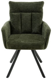 Grüner Armlehnstuhl mit gepolsterter Rückenlehne und Metallbeinen, Frontalansicht