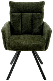 Grüner Armlehnstuhl mit gepolsterter Rückenlehne und Metallbeinen, Frontalansicht