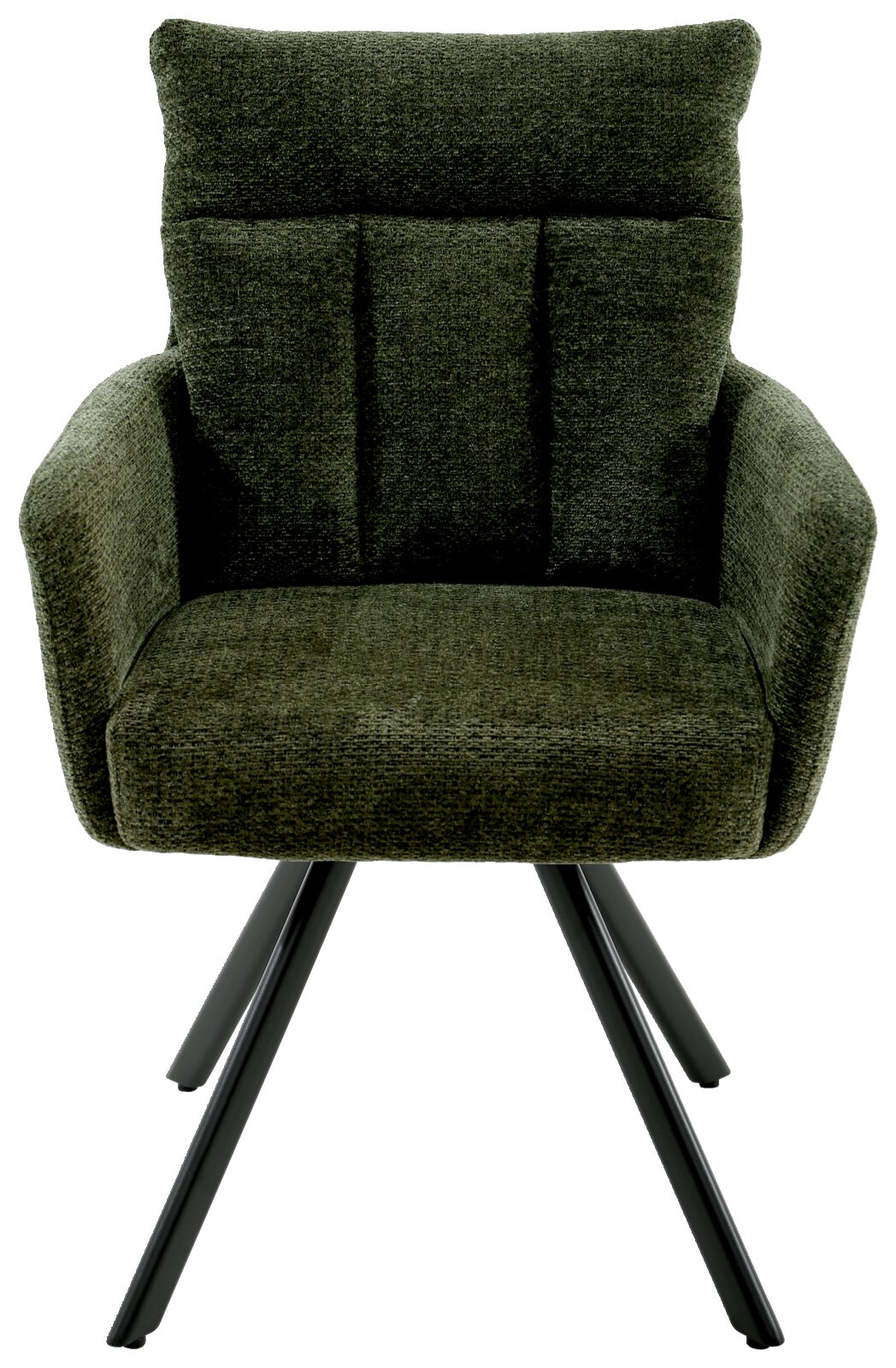Groene fauteuil met gestoffeerde rugleuning en metalen poten, vooraanzicht