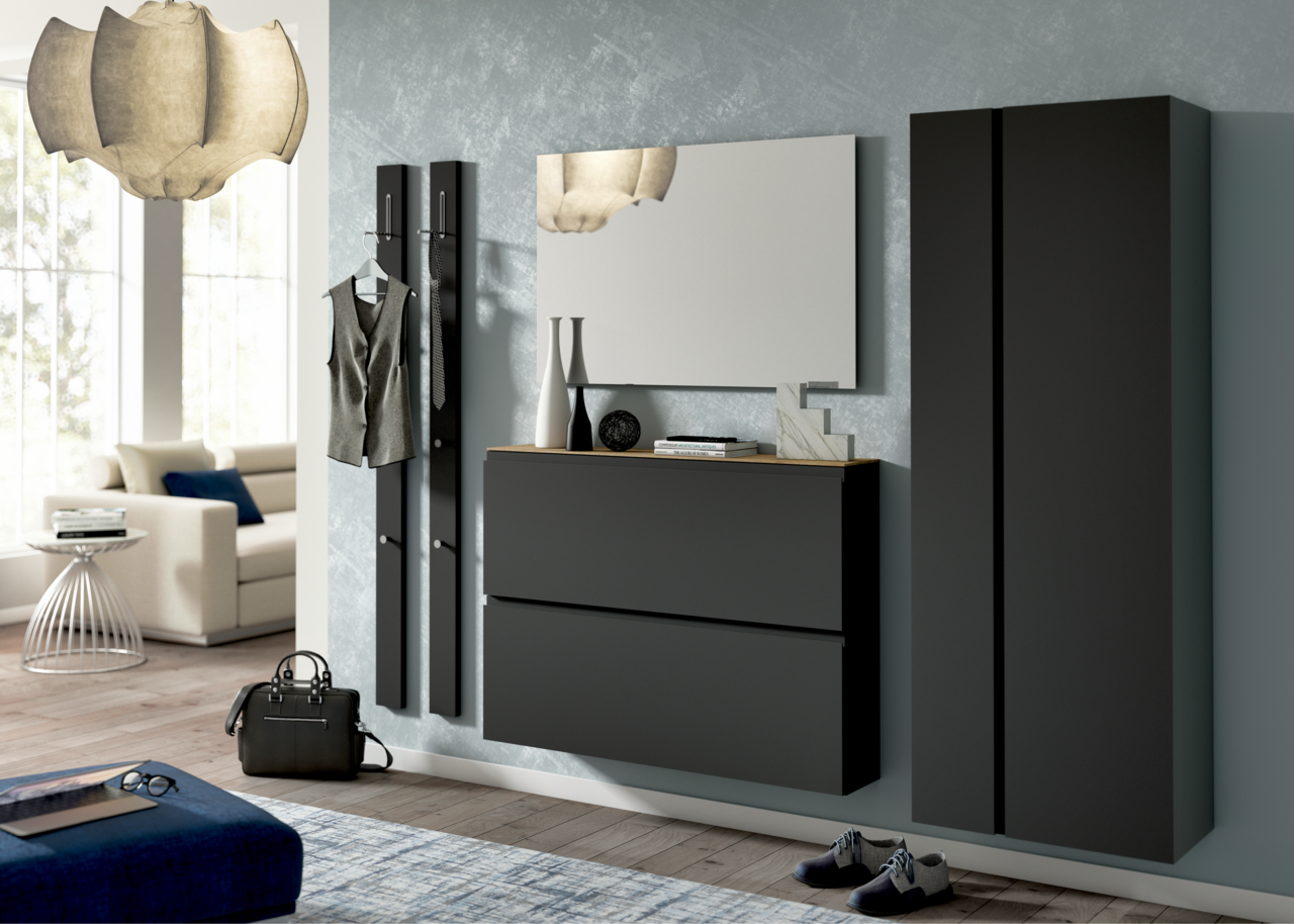 Moderano Hängeschuhschrank LECCO Moderner Hängeschuhschrank in dunklem Design, frontal betrachtet, mit zwei Schubladen und dekorativen Elementen auf der Oberseite.