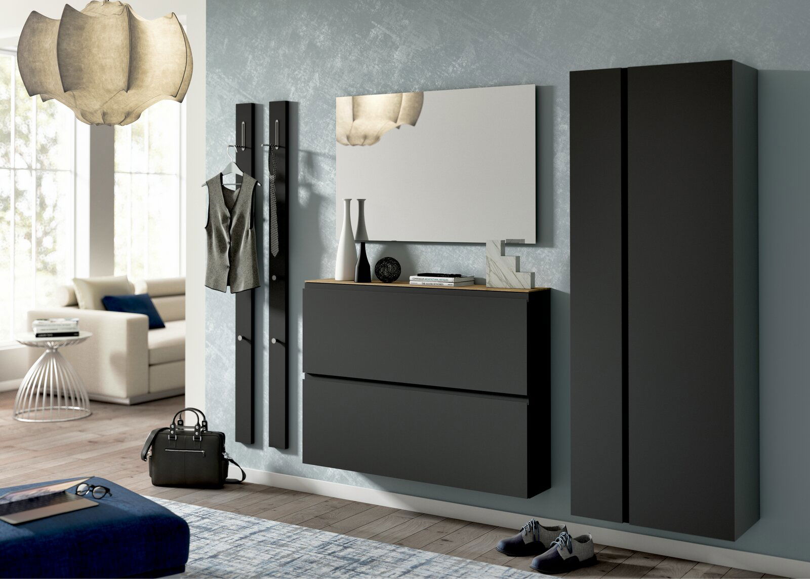 Moderner Hängeschuhschrank in dunklem Design, frontal betrachtet, mit zwei Schubladen und dekorativen Elementen auf der Oberseite.