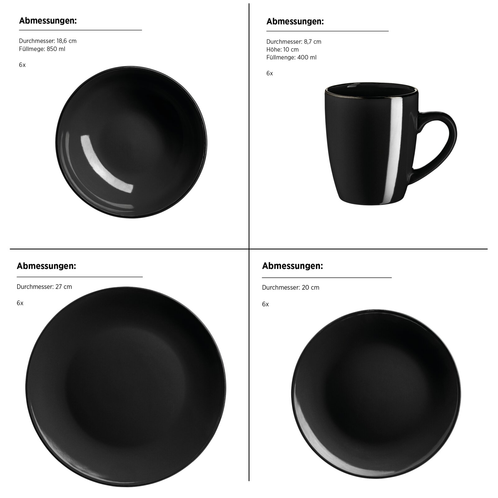 Schwarzes Geschirr-Set mit Tasse und Tellern in verschiedenen Größen, Produktansicht von oben (Teller) und seitlich (Tasse) mit Maßangaben auf weißem Hintergrund.