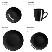 Schwarzes Geschirr-Set mit Tasse und Tellern in verschiedenen Größen, Produktansicht von oben (Teller) und seitlich (Tasse) mit Maßangaben auf weißem Hintergrund.