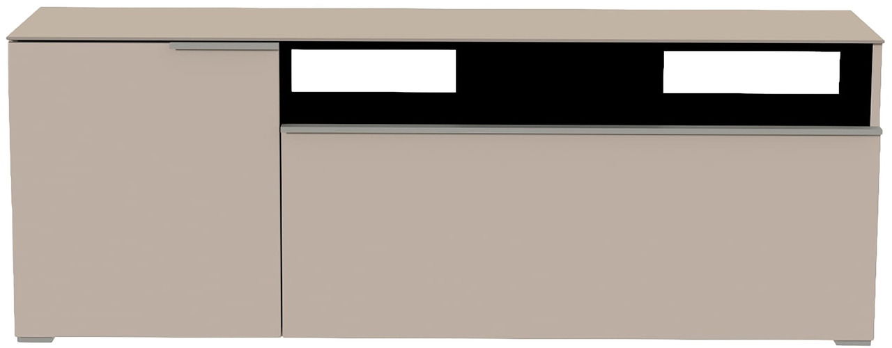 Frontansicht eines modernen TV-Lowboards mit zwei Türen und einem offenen Fach in neutralem Beige.