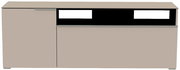 Frontansicht eines modernen TV-Lowboards mit zwei Türen und einem offenen Fach in neutralem Beige.