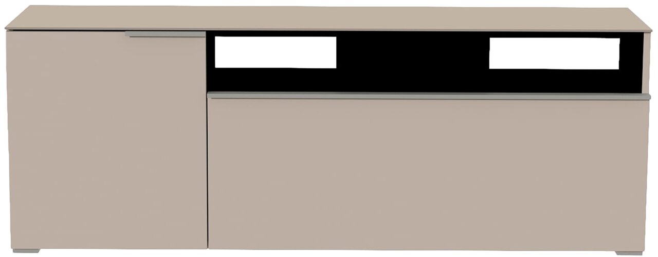 Frontansicht eines modernen TV-Lowboards mit zwei Türen und einem offenen Fach in neutralem Beige.