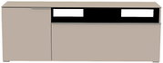 Frontansicht eines modernen TV-Lowboards mit zwei Türen und einem offenen Fach in neutralem Beige.