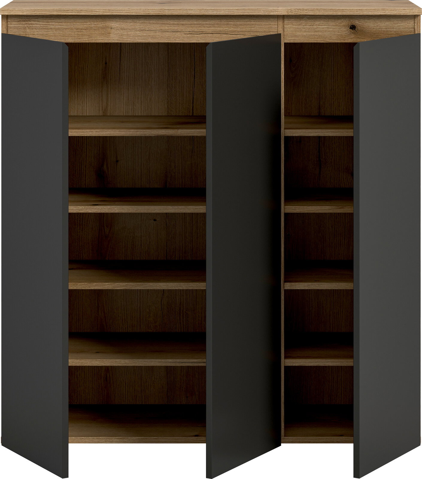 Offenes Sideboard aus Holzoptik mit drei mattschwarzen Türen und mehreren Einlegeböden, Frontansicht leicht von oben