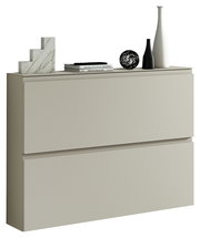 Beige Garderobenset mit zwei Schubladen, dekoriert mit Vasen, Büchern und einer Skulptur, seitliche Perspektive