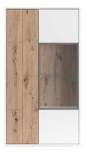 Vitrine klein mit Holz- und Weißelementen, Frontansicht