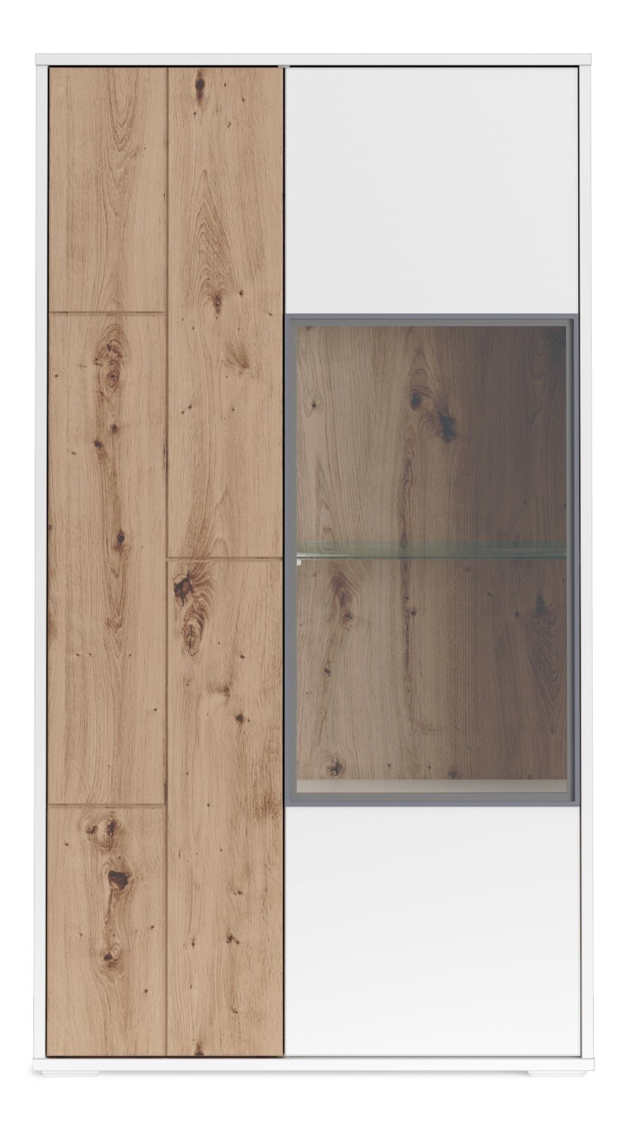 Vitrine klein mit Holz- und Weißelementen, Frontansicht