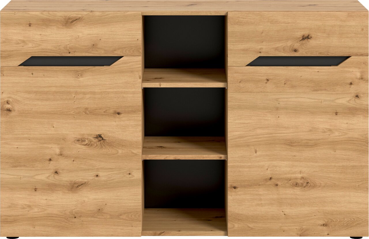 Frontansicht einer modernen Kommode/Sideboard in Eiche-Optik mit zwei großen Türen, mittigem offenen Regal mit drei Fächern und schwarzen Griffleisten