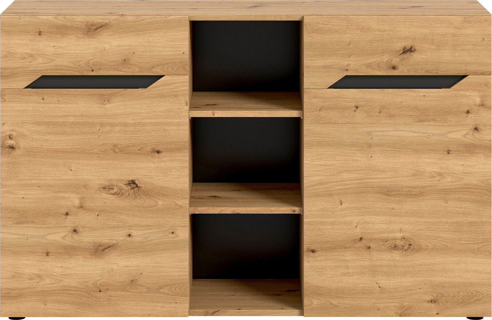 Frontansicht einer modernen Kommode/Sideboard in Eiche-Optik mit zwei großen Türen, mittigem offenen Regal mit drei Fächern und schwarzen Griffleisten