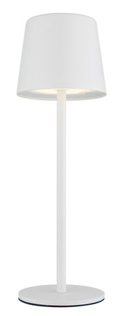 Moderne weiße Tischleuchte mit schlichtem Design, frontal abgebildet.