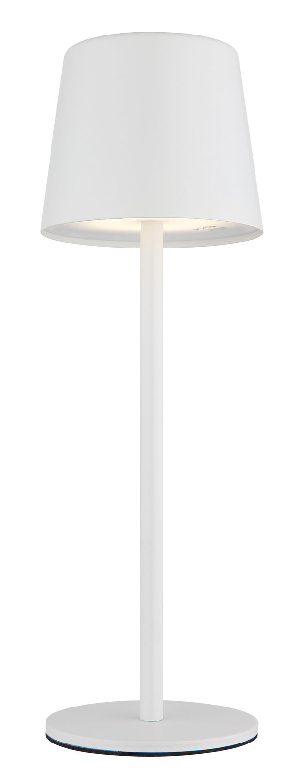 Moderne weiße Tischleuchte mit schlichtem Design, frontal abgebildet.