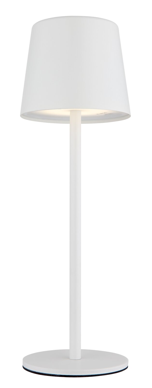 Moderne weiße Tischleuchte mit schlichtem Design, frontal abgebildet.