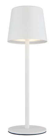 Moderne weiße Tischleuchte mit schlichtem Design, frontal abgebildet.