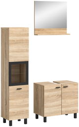Badkombination aus Holzoptik mit Spiegelschrank, hohem Schrank und Unterschrank, frontal betrachtet.