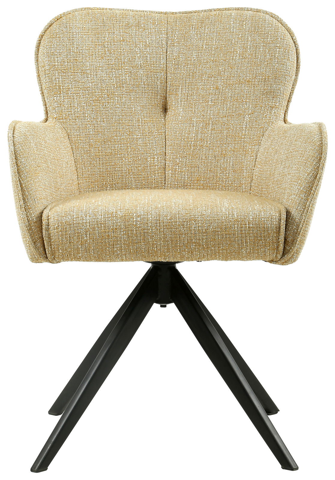 Beiger Armlehnstuhl mit gepolsterter Sitzfläche und Rückenlehne, schwarzes Metallgestell, Frontalansicht