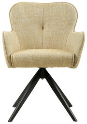 Beiger Armlehnstuhl mit gepolsterter Sitzfläche und Rückenlehne, schwarzes Metallgestell, Frontalansicht