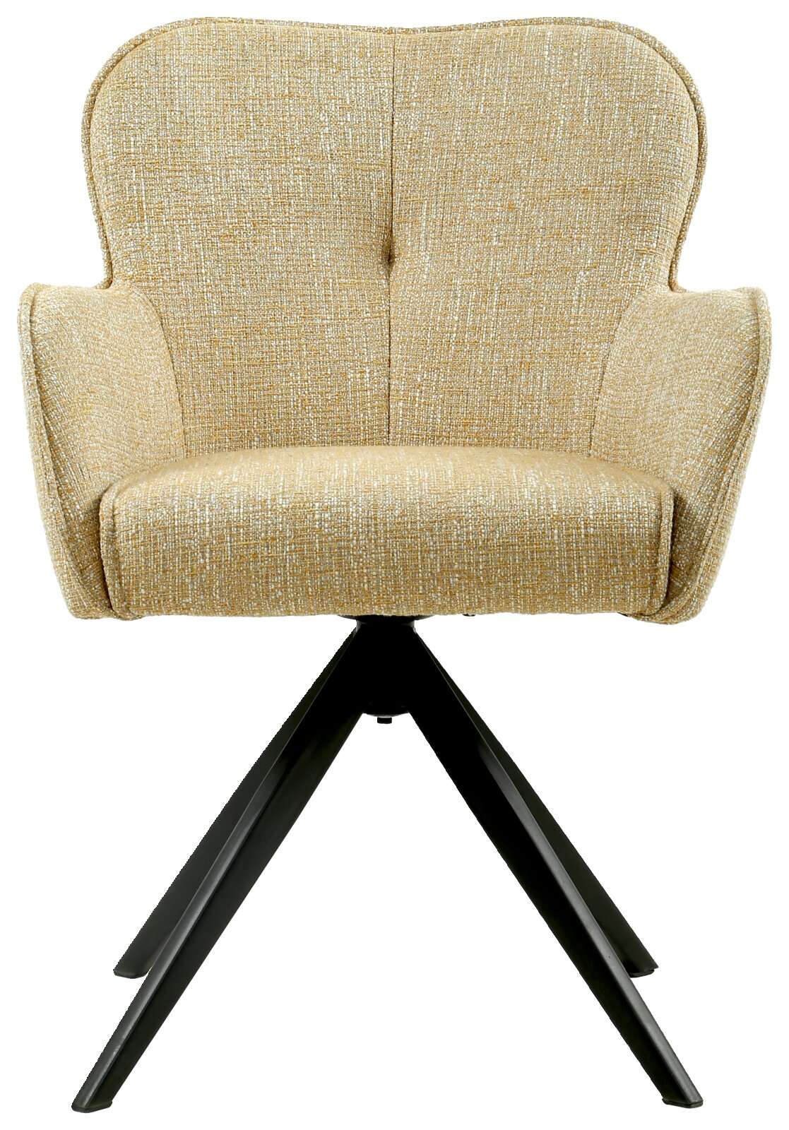 Beige fauteuil met gestoffeerde zitting en rugleuning, zwart metalen frame, vooraanzicht