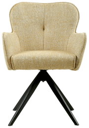 Beige fauteuil met gestoffeerde zitting en rugleuning, zwart metalen frame, vooraanzicht