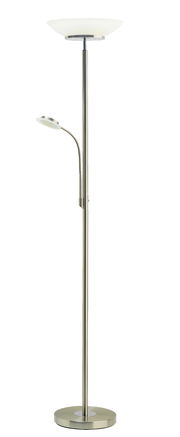 LED-Stehleuchte mit modernem Design, bestehend aus einer Hauptleuchte und einer flexiblen Leselampe, in seitlicher Perspektive.