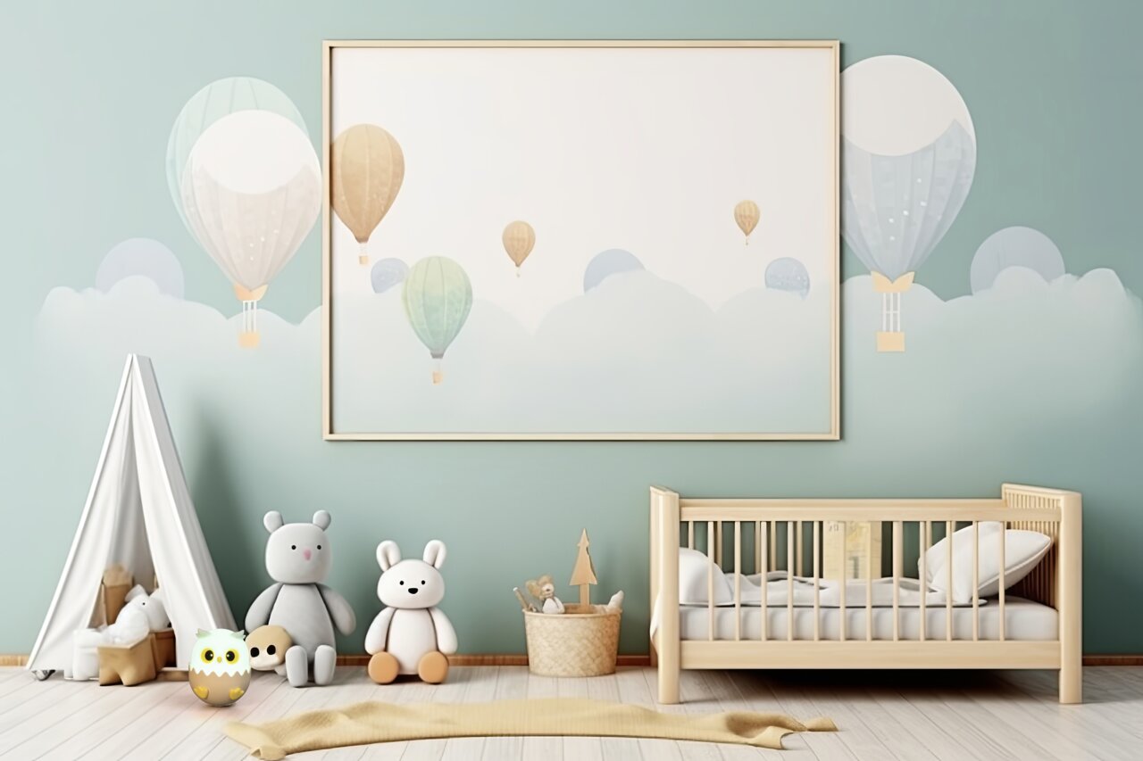 Kinderzimmer mit einem Akku-Nachtlicht in Eulenform, das auf dem Boden neben einem Zelt und Kuscheltieren steht. Perspektive von vorne.