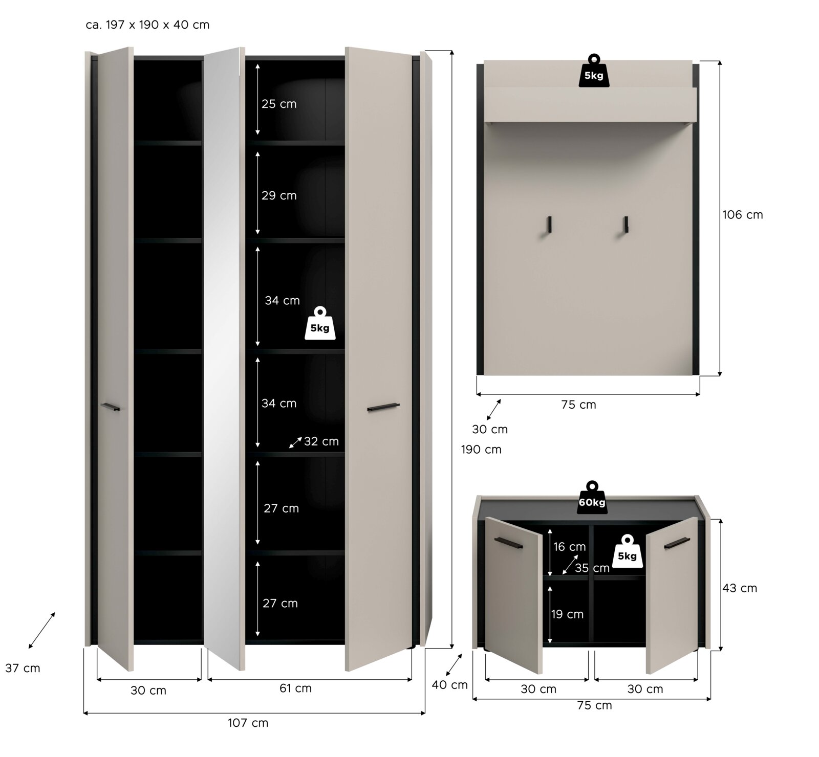 Modernes Garderoben-Set mit hohem Schrank und Wandpaneel mit Ablage und Haken, in Grau/Schwarz, Maße und Fachhöhen eingezeichnet; Perspektive: Frontansicht, teils mit geöffneten Türen.