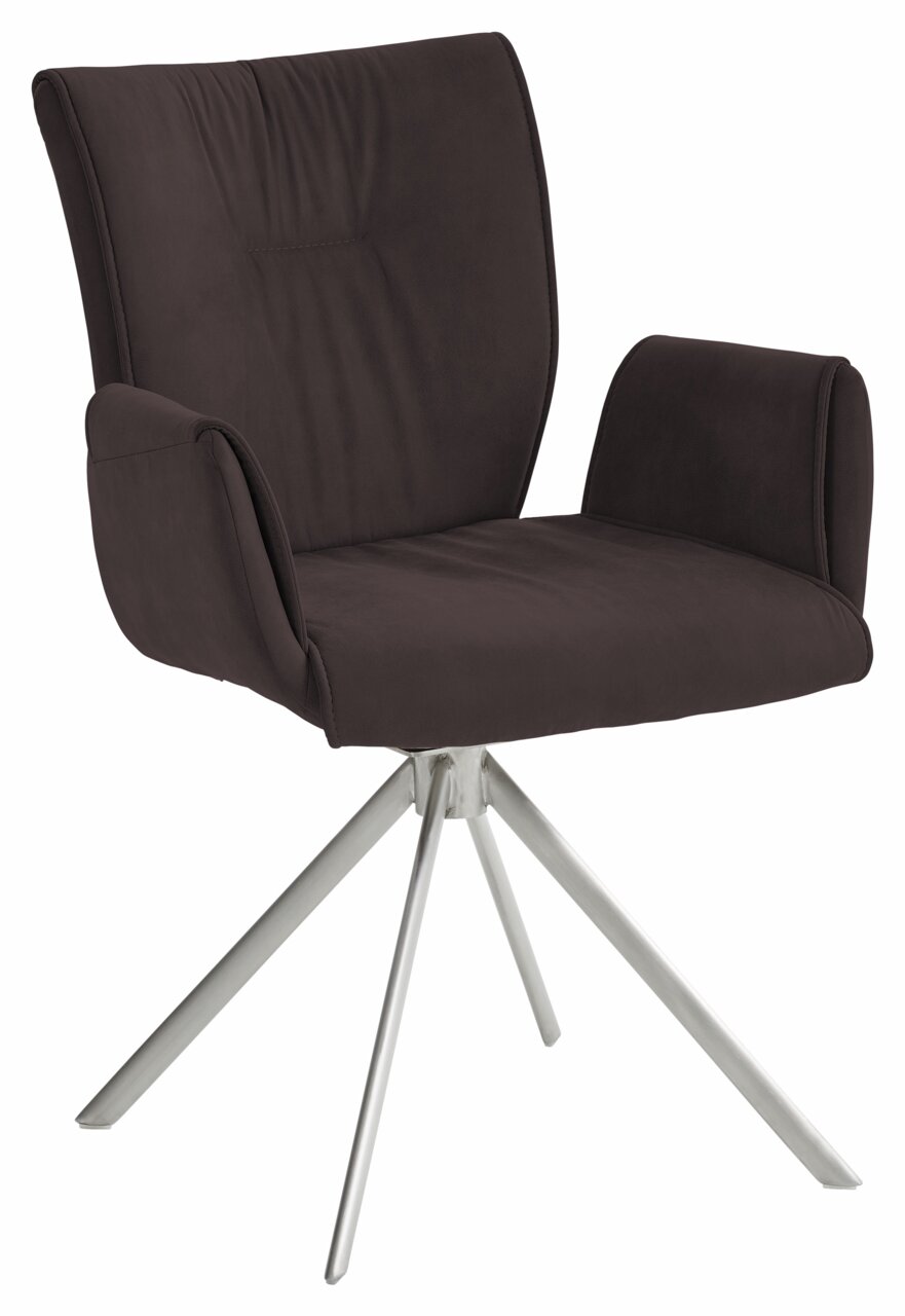 Moderner brauner Sessel mit Metallbeinen, seitliche Perspektive