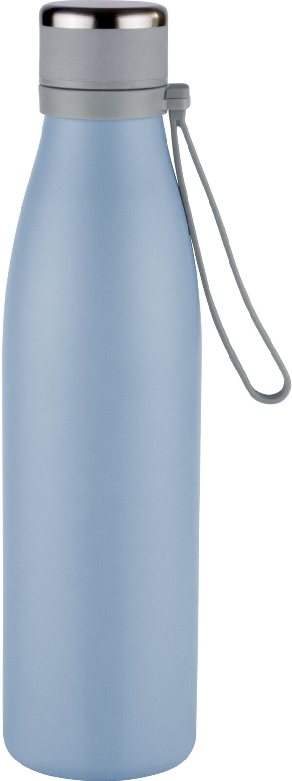 Blaue Isolierflasche 700ml mit grauem Deckel und Trageschlaufe, seitliche Ansicht