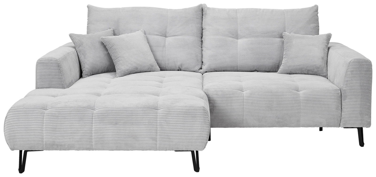 Graues Ecksofa mit Ottomane links, gestepptem Stoff und drei passenden Kissen, Vorderansicht.