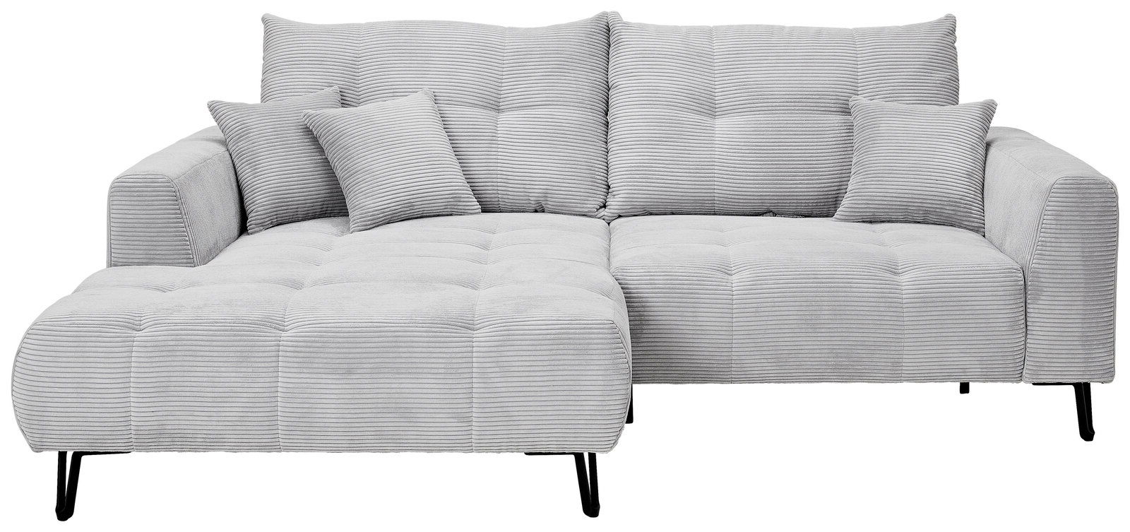 Graues Ecksofa mit Ottomane links, gestepptem Stoff und drei passenden Kissen, Vorderansicht.