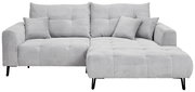 Graues Ecksofa mit Ottomane links, gestepptem Stoff und drei passenden Kissen, Vorderansicht.