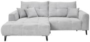 Graues Ecksofa mit Ottomane links, gestepptem Stoff und drei passenden Kissen, Vorderansicht.