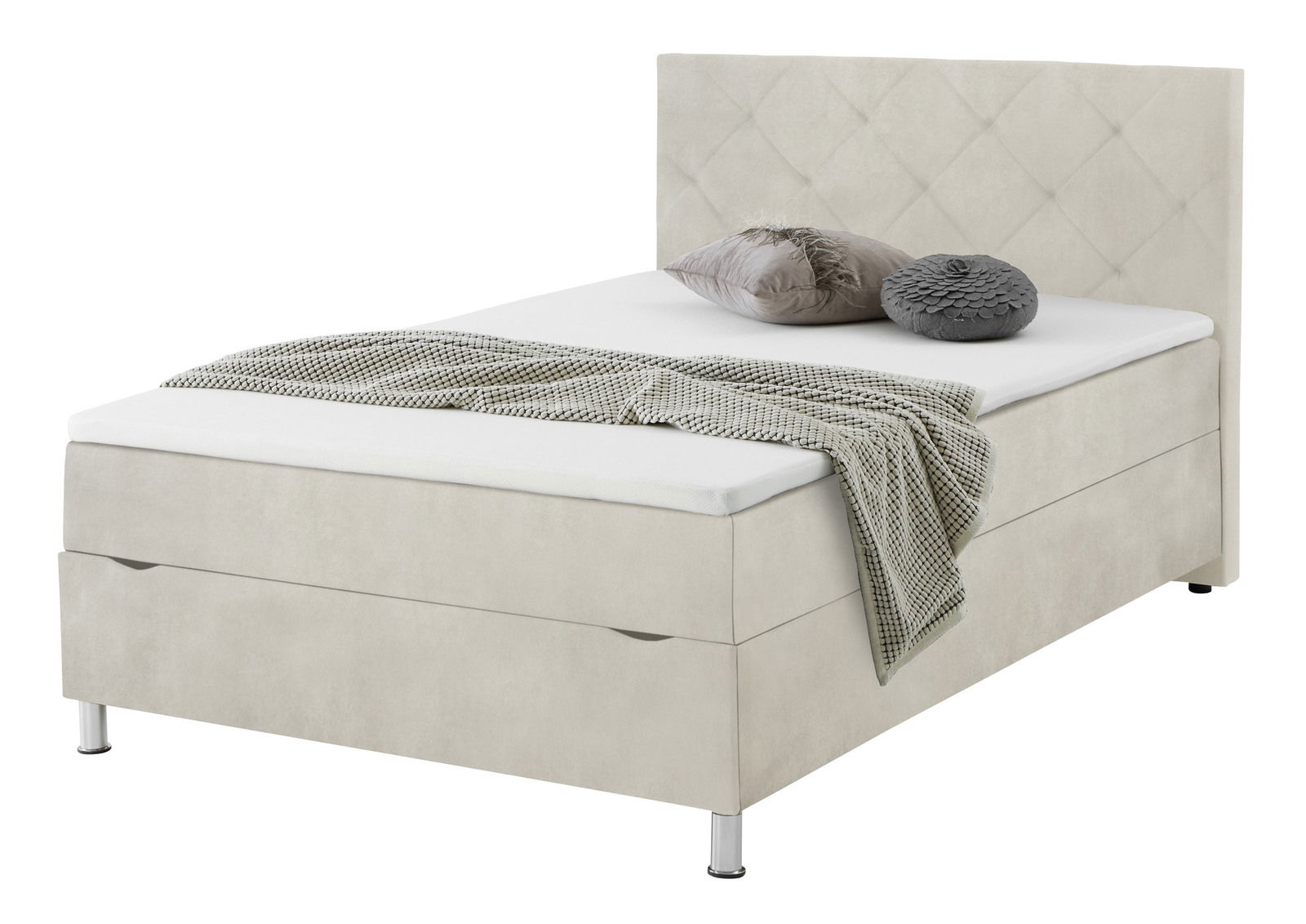 Boxbett in hellem Stoff mit gestepptem Kopfteil, dekoriert mit zwei Kissen und einer Decke, seitliche Perspektive