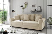 Beiges Funktionssofa in einem modernen Wohnzimmer, seitliche Perspektive, mit Kissen und dekorativen Elementen.