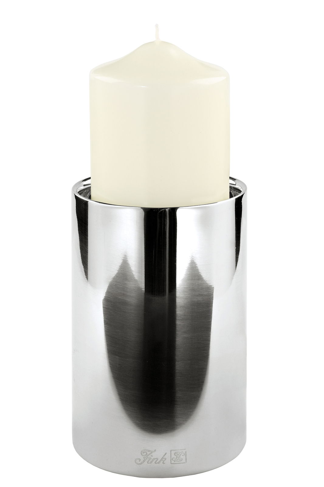Fink Stumpenhalter Edelstahl Stumpenhalter mit weißer Kerze, seitliche Perspektive