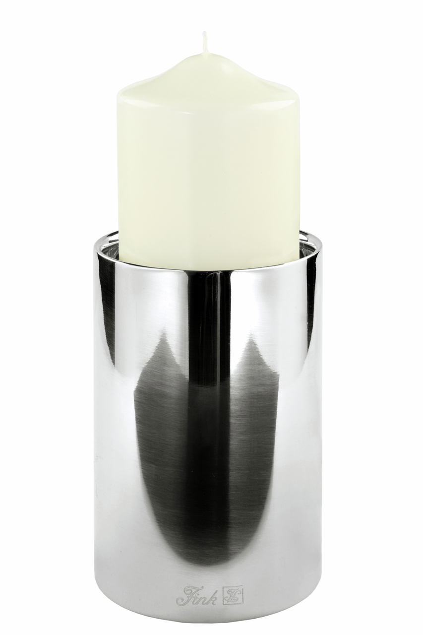 Edelstahl Stumpenhalter mit weißer Kerze, seitliche Perspektive