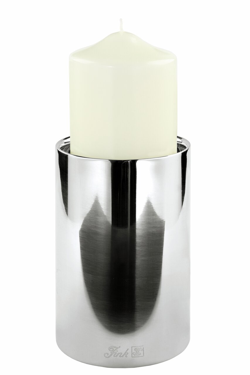 Edelstahl Stumpenhalter mit weißer Kerze, seitliche Perspektive