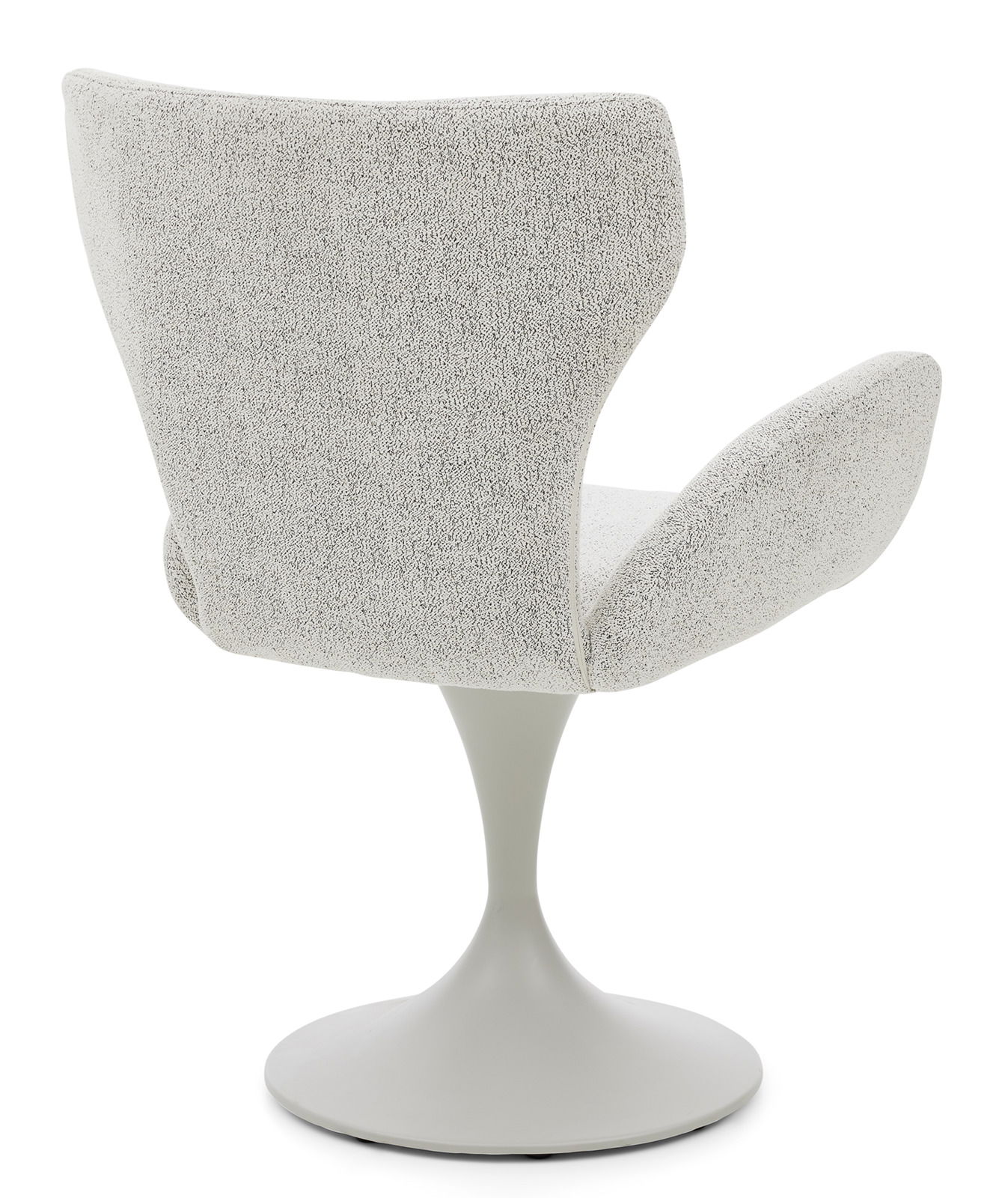 Rückansicht eines modernen Armlehnstuhls mit grauem Stoffbezug und drehbarem Sockel.