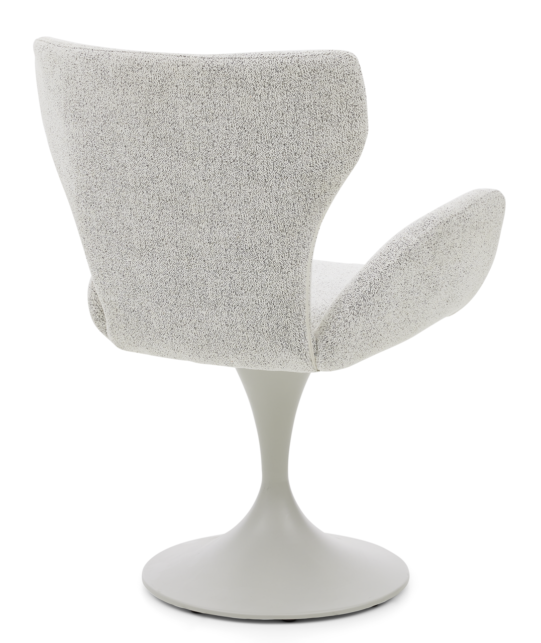 Rückansicht eines modernen Armlehnstuhls mit grauem Stoffbezug und drehbarem Sockel.