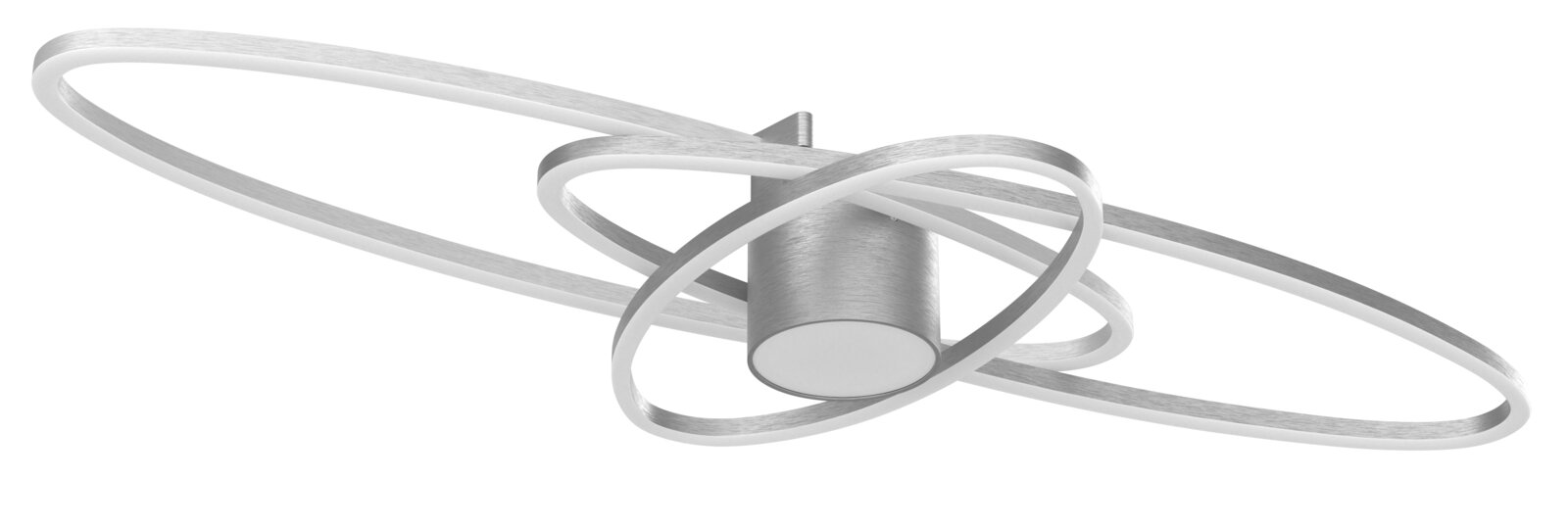 Moderne LED-Deckenleuchte in gebürstetem Silber mit drei überlappenden, ovalen Lichtschlaufen um einen zylindrischen Baldachin, schräg von unten in Perspektive dargestellt.
