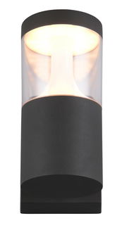 LED-Außenwandleuchte in zylindrischer Form, seitliche Perspektive, leuchtend mit warmem Licht.