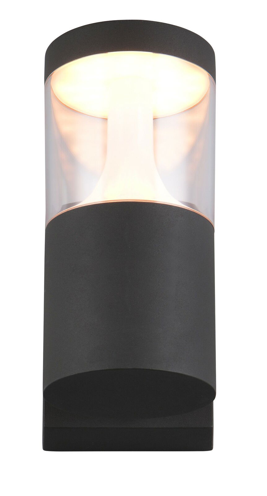 LED-Außenwandleuchte in zylindrischer Form, seitliche Perspektive, leuchtend mit warmem Licht.