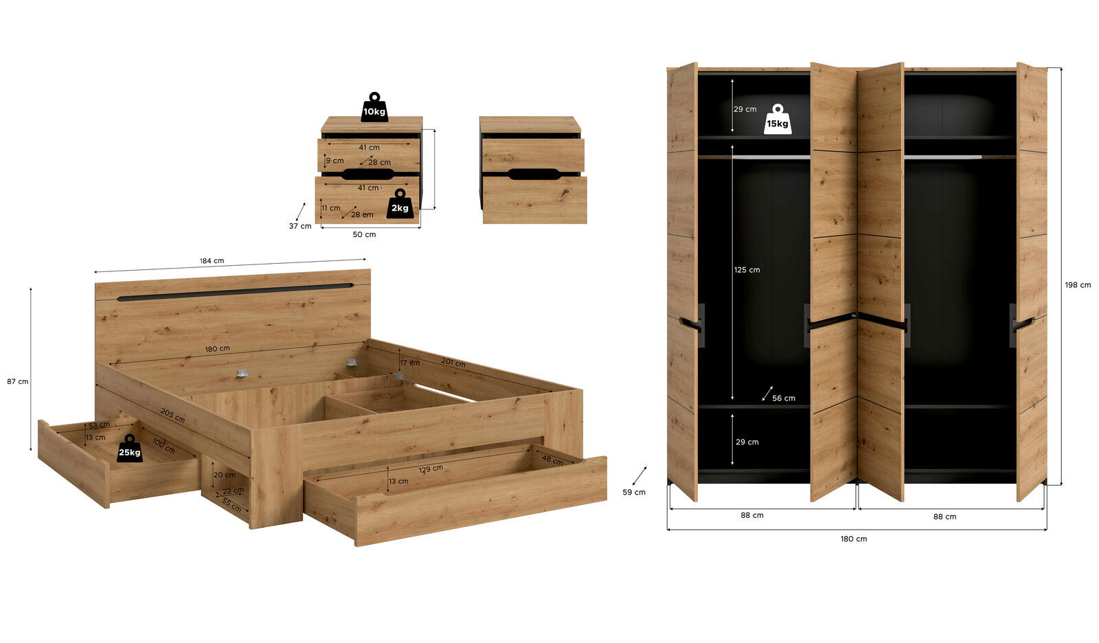Produktansicht in schräger Perspektive: Holz-Schlafzimmermöbel-Set in Eicheoptik mit Bettgestell inkl. Schubladen und Nachttisch sowie 3-türigem Kleiderschrank mit geöffneten Türen, Innenfächern und Maßangaben.