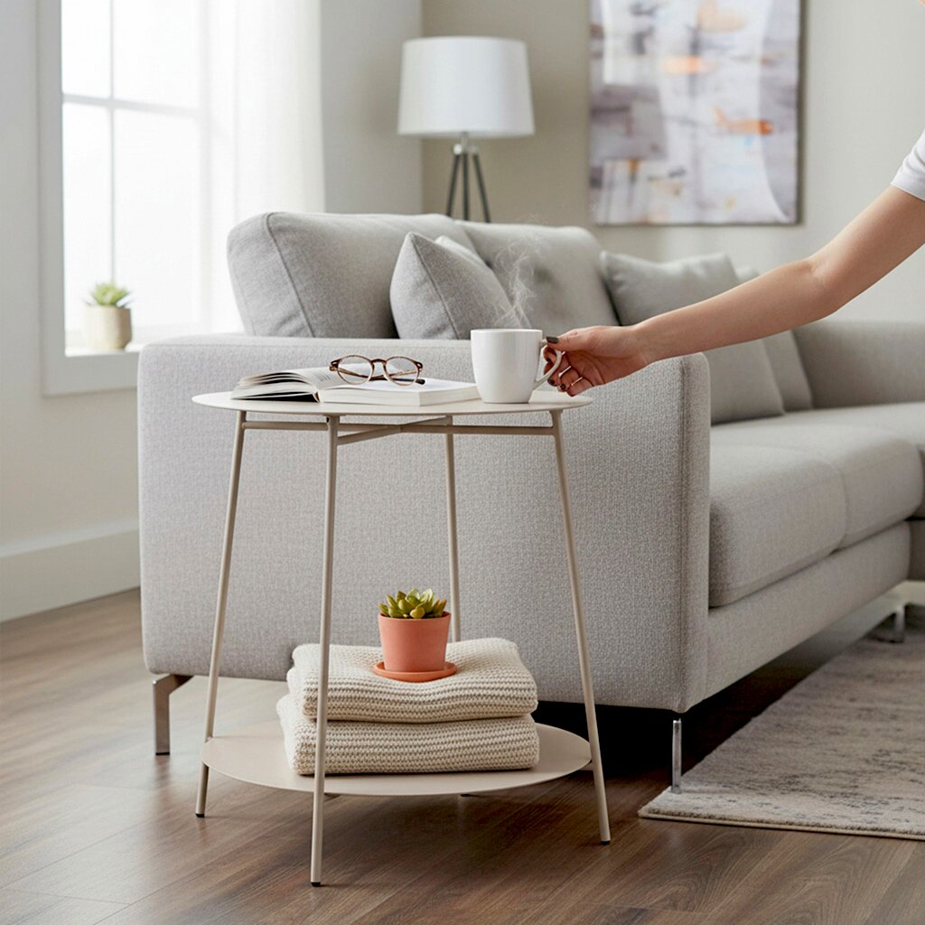Moderner, runder Beistelltisch in Beige mit zwei Ablagen im Wohnzimmer neben grauem Sofa; oben Buch, Brille und dampfende Tasse, unten gefaltete Decken und kleine Pflanze – Ansicht schräg von vorne auf Tischhöhe.