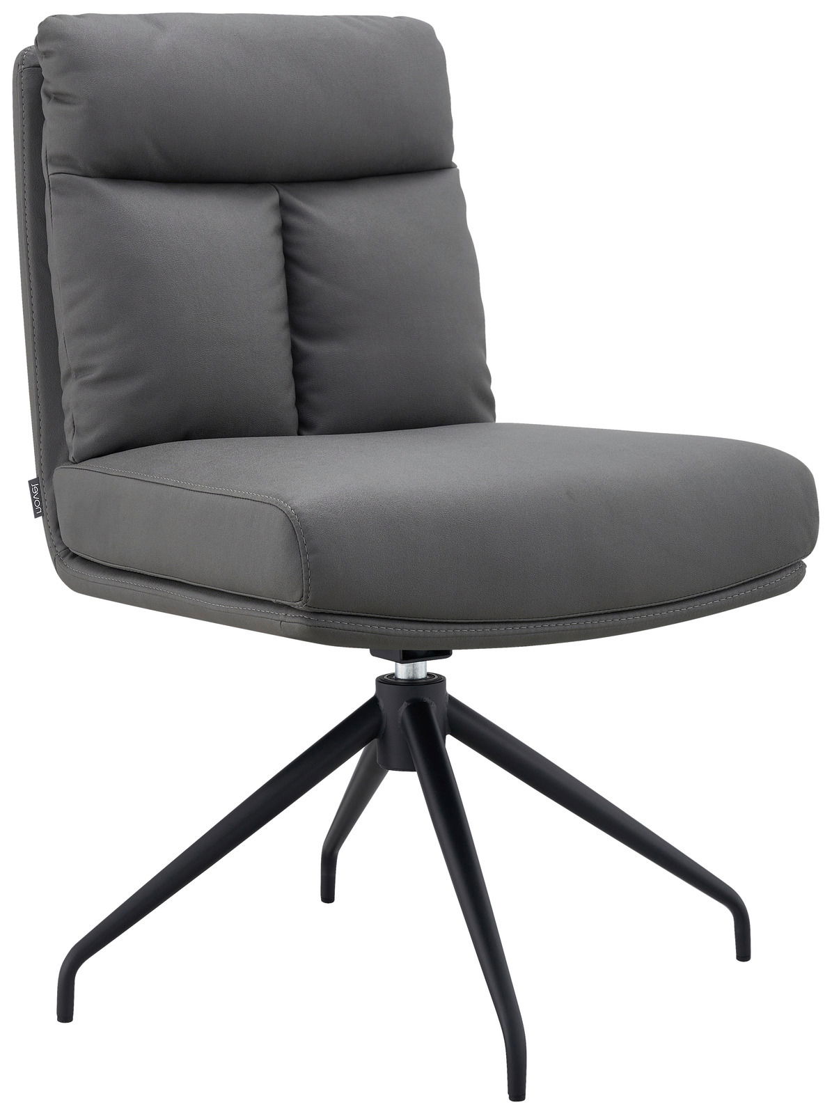 Grauer Stuhl mit gepolsterter Rückenlehne und Sitzfläche, seitliche Perspektive