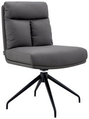 Grauer Stuhl mit gepolsterter Rückenlehne und Sitzfläche, seitliche Perspektive