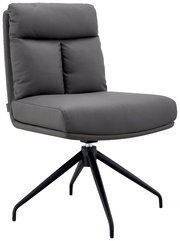 Grauer Stuhl mit gepolsterter Rückenlehne und Sitzfläche, seitliche Perspektive